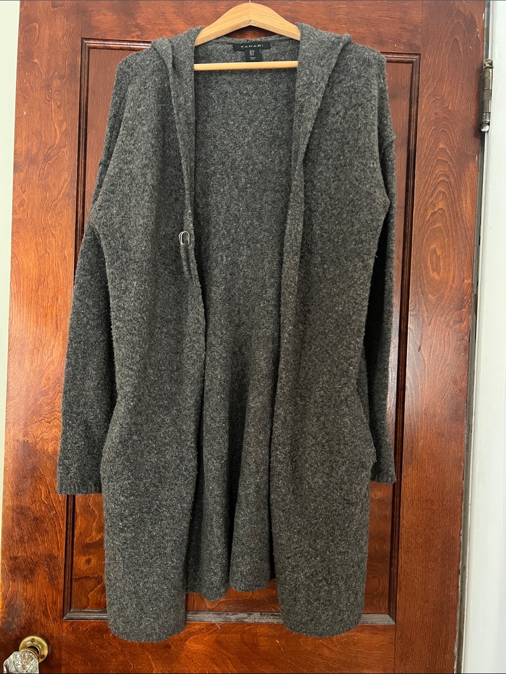 Hooded grey long cardigan sweater